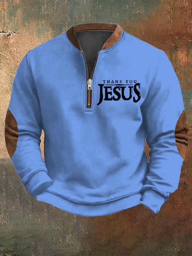 Men's Vintage Faith "Thank You Jesus" Printed Zip Collar Sweatshirt
