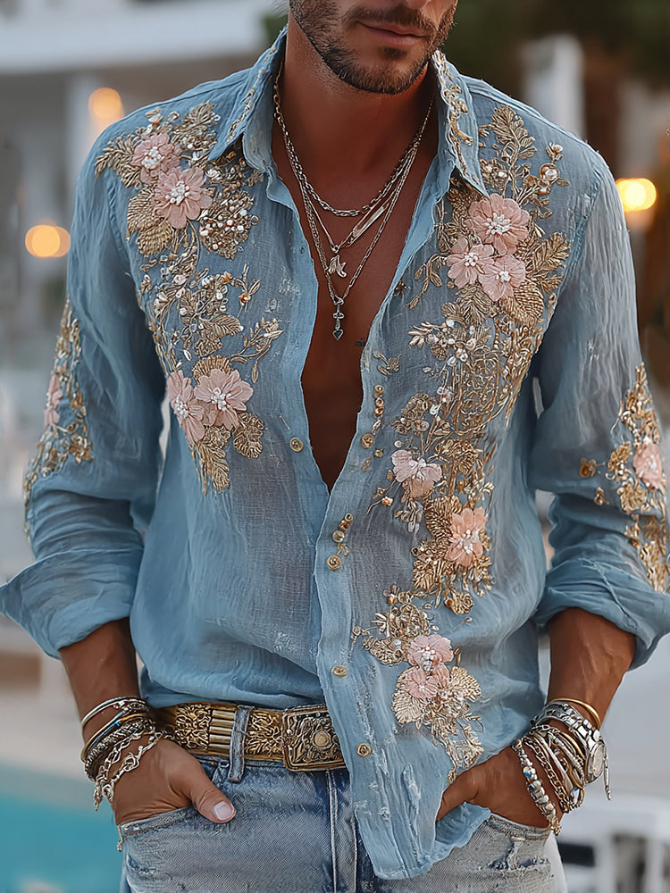 Men's Retro Floral Embroidered Comfy Linen Shirt