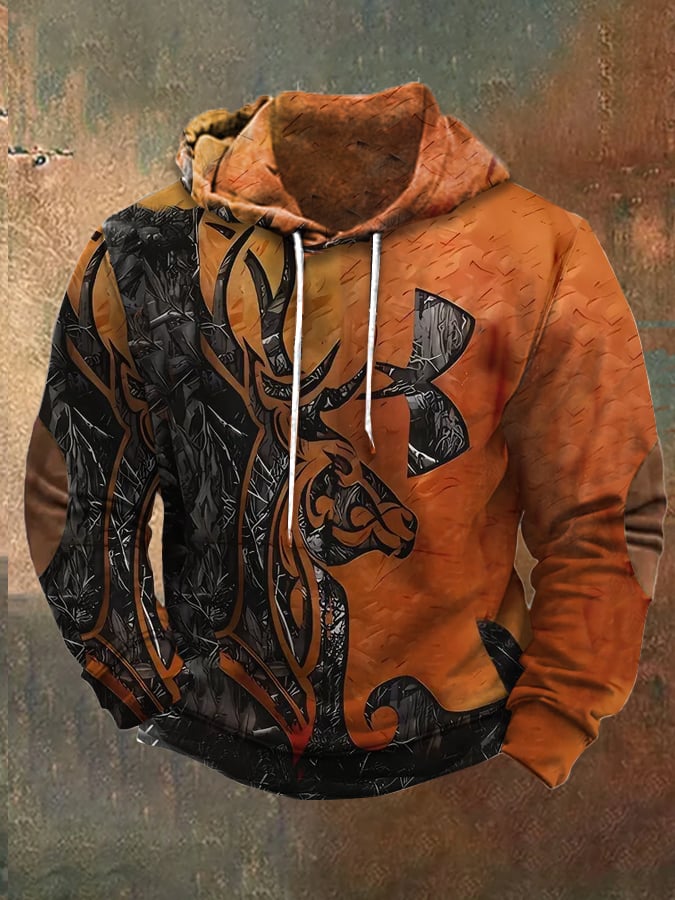 Woven men's retro western color block hunting season deer hunting print sweatshirt