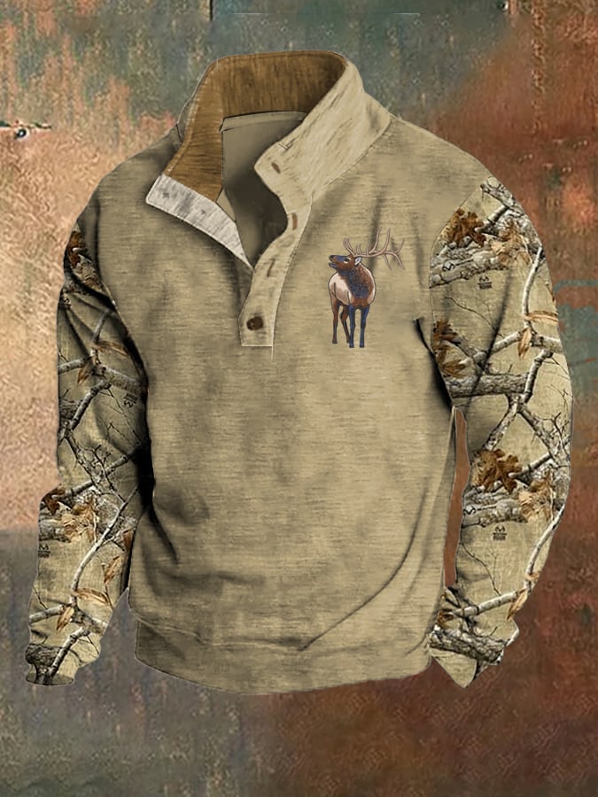 Men's Fleece Vintage Hunting Deer Stand Collar Sweatshirt