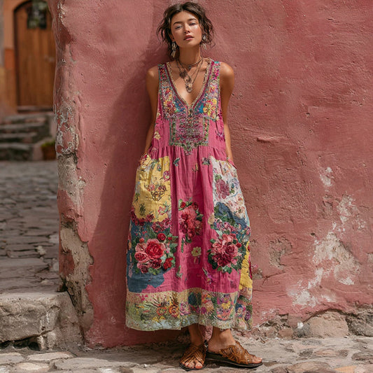 Women's Bohemian Floral Embroidery Art V-neck Sleeveless Linen Blend Midi Dress