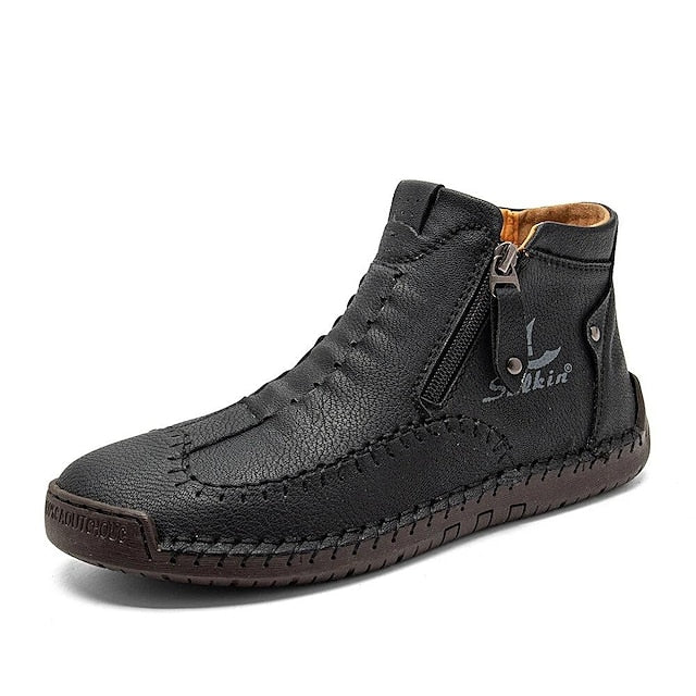 Men's Brown Leather Casual Ankle Boots with Zipper and Hand-Stitched Design - Comfortable and Lightweight for Everyday and Outdoor Wear