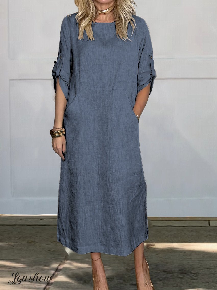 Women's Comfortable Solid Color Linen Pocket Dress