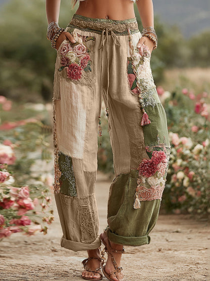 Love & Health Collection Retro Rose And Floral Patchwork Art Linen Pants