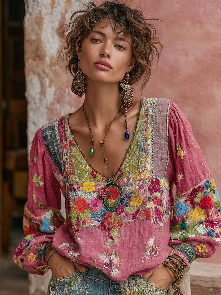 Women's Bohemian Floral Embroidery Art Print V-neck Long Sleeve Linen Blend T-shirt