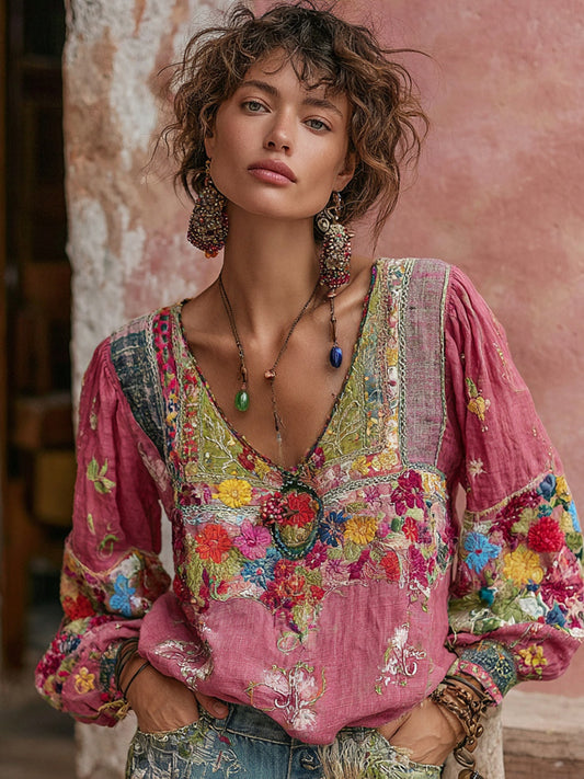 Women's Bohemian Floral Embroidery Art Print V-neck Long Sleeve Linen Blend T-shirt