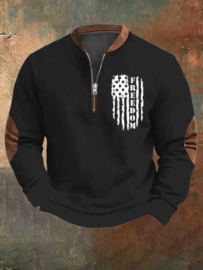 Men's Freedom Flag Vintage Print Casual Zipper Sweatshirt