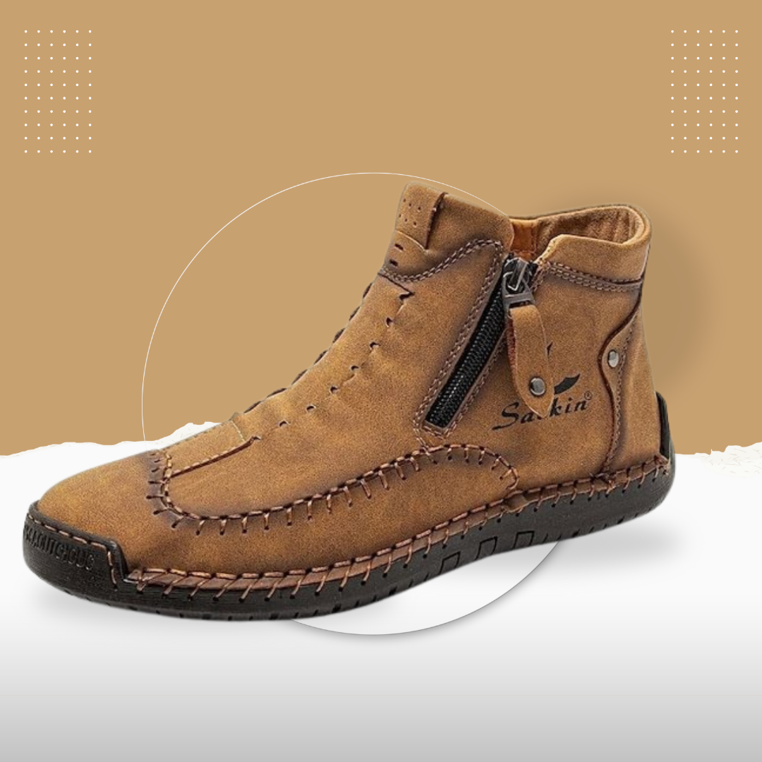 Men's Brown Leather Casual Ankle Boots with Zipper and Hand-Stitched Design - Comfortable and Lightweight for Everyday and Outdoor Wear