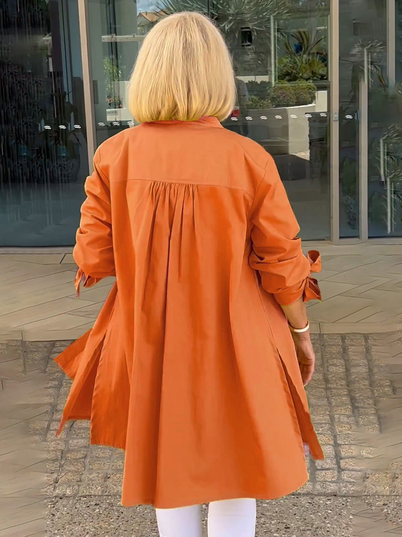 Solid Color Long Cotton Shirt Jackets Women Swing Jacket Shap Flattering Gathered Yolk At The Back