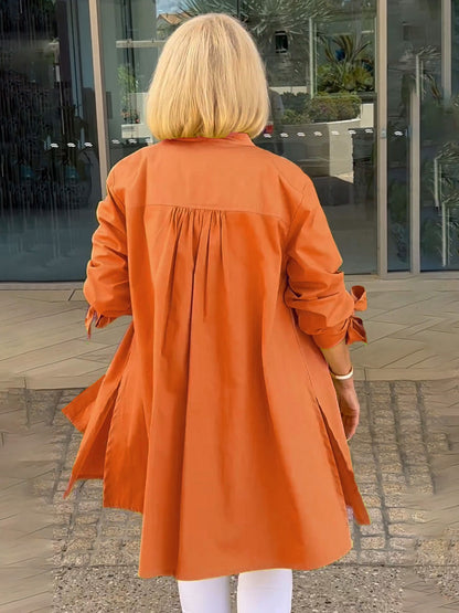 Solid Color Long Cotton Shirt Jackets Women Swing Jacket Shap Flattering Gathered Yolk At The Back