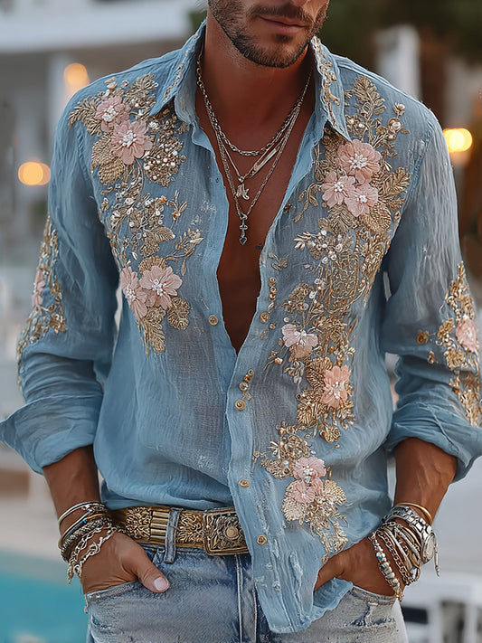 Men's Retro Floral Embroidered Comfy Linen Shirt