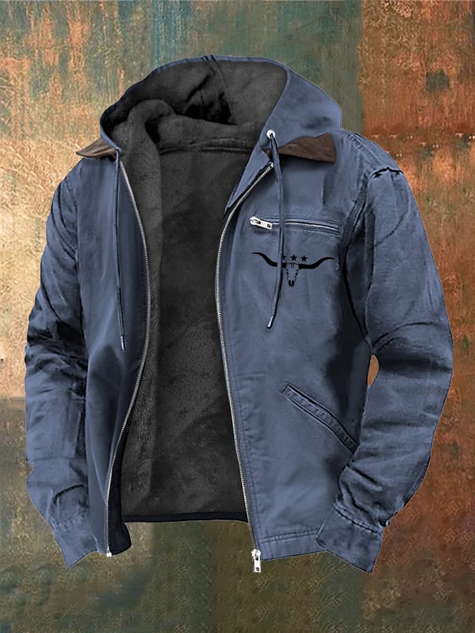 Men's Vintage Plush Western Bull Head Print Zipper Jacket
