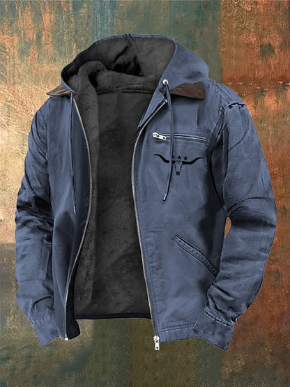 Men's Vintage Plush Western Bull Head Print Zipper Jacket