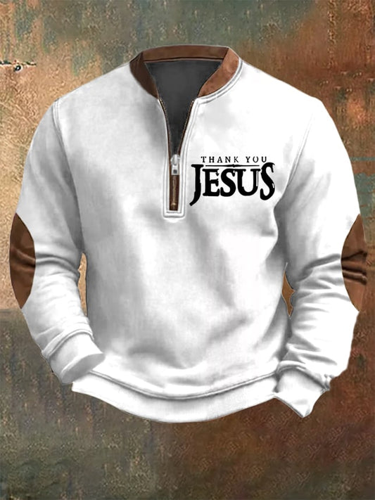 Men's Vintage Faith "Thank You Jesus" Printed Zip Collar Sweatshirt