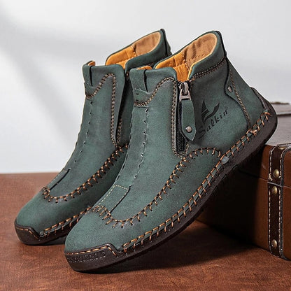 Men's Brown Leather Casual Ankle Boots with Zipper and Hand-Stitched Design - Comfortable and Lightweight for Everyday and Outdoor Wear