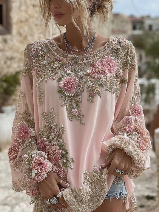 Women's Vintage Pink Flower Embroidery Art Round Neck Long Sleeve T-shirt