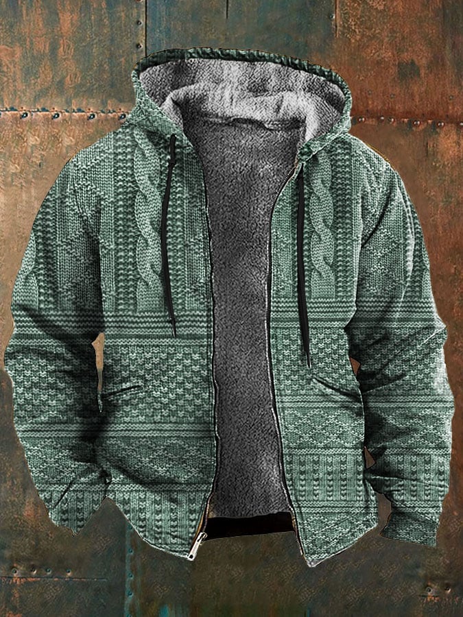 Men's Retro Western Style Knitted Printed Fleece Jacket