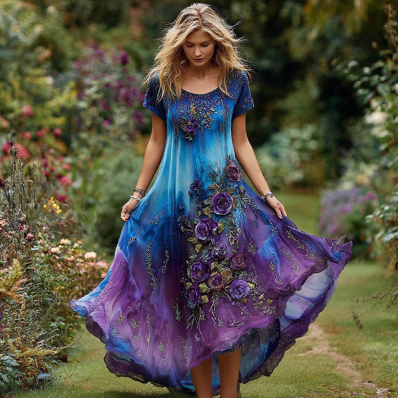 Women's Vintage Floral Embroidery Gradient Pattern Round Neck Dress