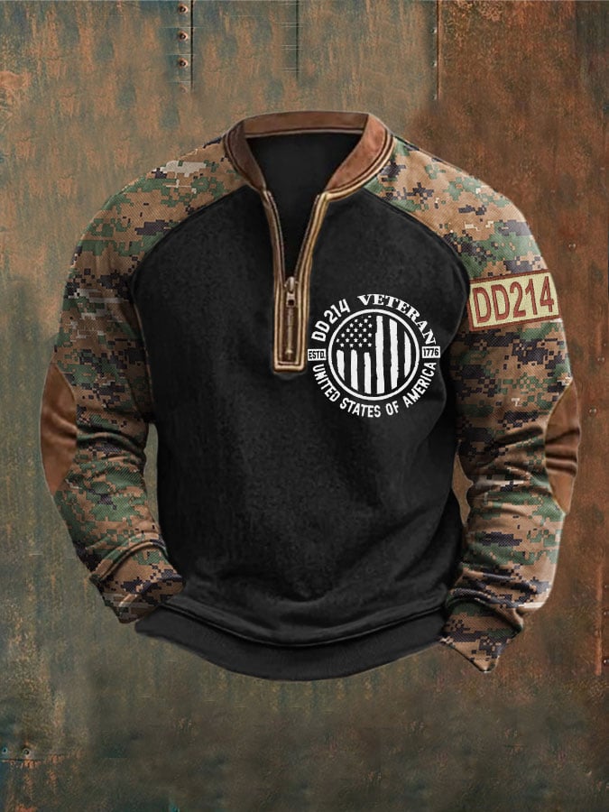 Men's DD 214 Camouflage Print Zip-Up Top