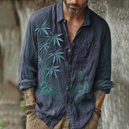 Men's Vintage Japanese Bamboo Embroidery Art Long Sleeve Linen Blend Shirt