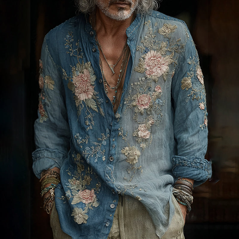 Men's Vintage Floral Embroidered Comfy Linen Shirt
