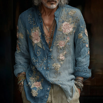 Men's Vintage Floral Embroidered Comfy Linen Shirt