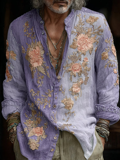 Men's Vintage Floral Embroidered Comfy Linen Shirt