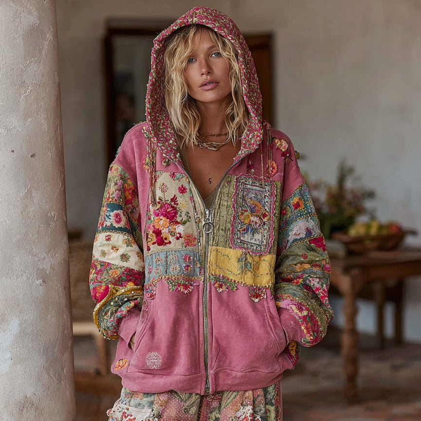 Women's Vintage Floral Embroidery Art Patchwork Zipper Hoodie