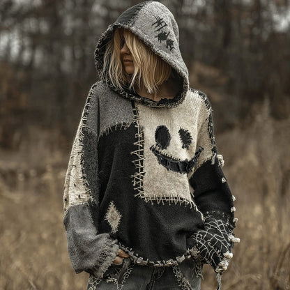 Halloween Spooky Face Patchwork Stitched Cozy Knit Hooded
