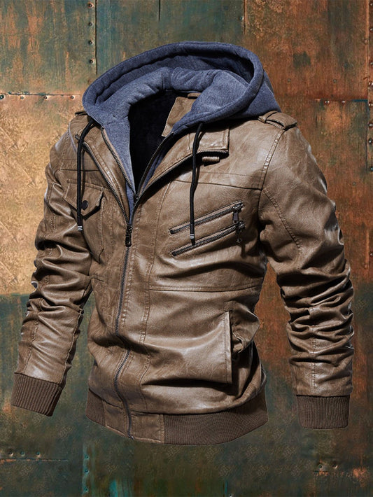 Men'S Casual Fleece Warm Pocket Leather Jacket