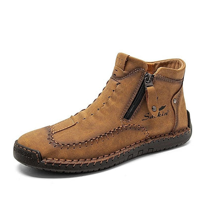 Men's Brown Leather Casual Ankle Boots with Zipper and Hand-Stitched Design - Comfortable and Lightweight for Everyday and Outdoor Wear