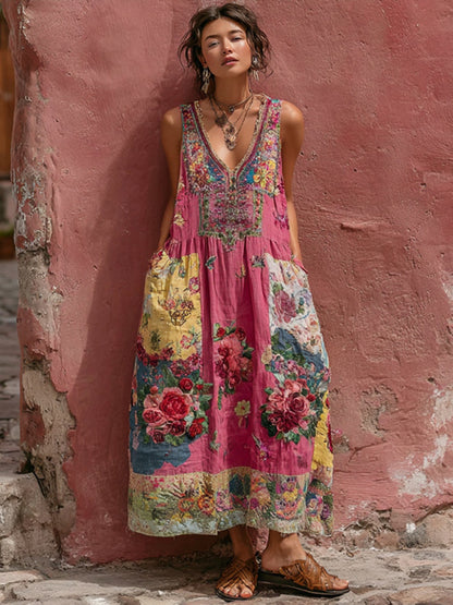 Women's Bohemian Floral Embroidery Art V-neck Sleeveless Linen Blend Midi Dress