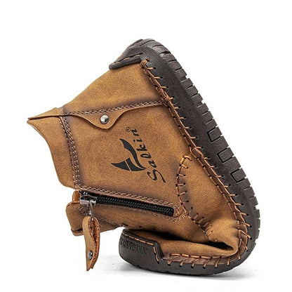 Men's Brown Leather Casual Ankle Boots with Zipper and Hand-Stitched Design - Comfortable and Lightweight for Everyday and Outdoor Wear