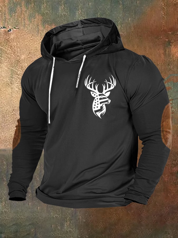 Men's Vintage Western Flag Elk Print Hoodie