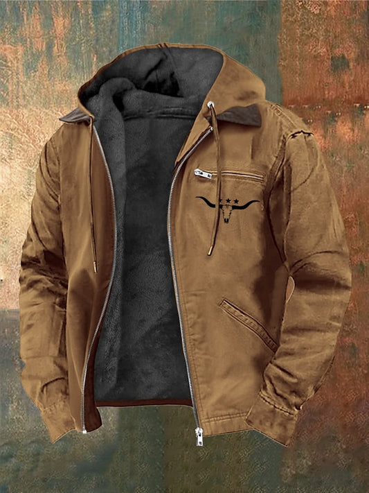 Men's Vintage Plush Western Bull Head Print Zipper Jacket