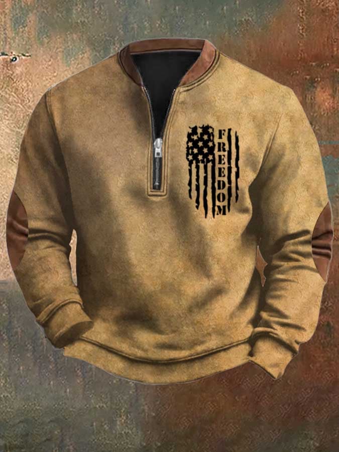 Men's Freedom Flag Vintage Print Casual Zipper Sweatshirt