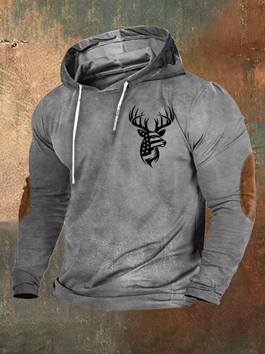 Men's Vintage Western Flag Elk Print Hoodie