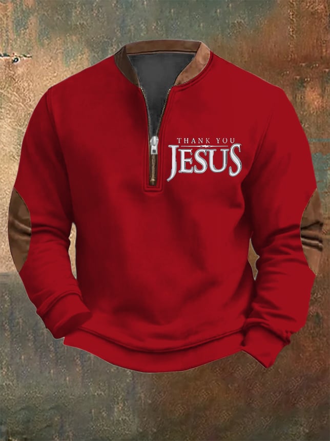 Men's Vintage Faith "Thank You Jesus" Printed Zip Collar Sweatshirt
