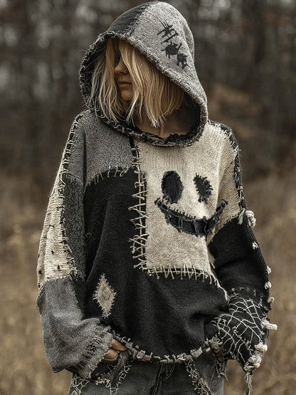 Halloween Spooky Face Patchwork Stitched Cozy Knit Hooded