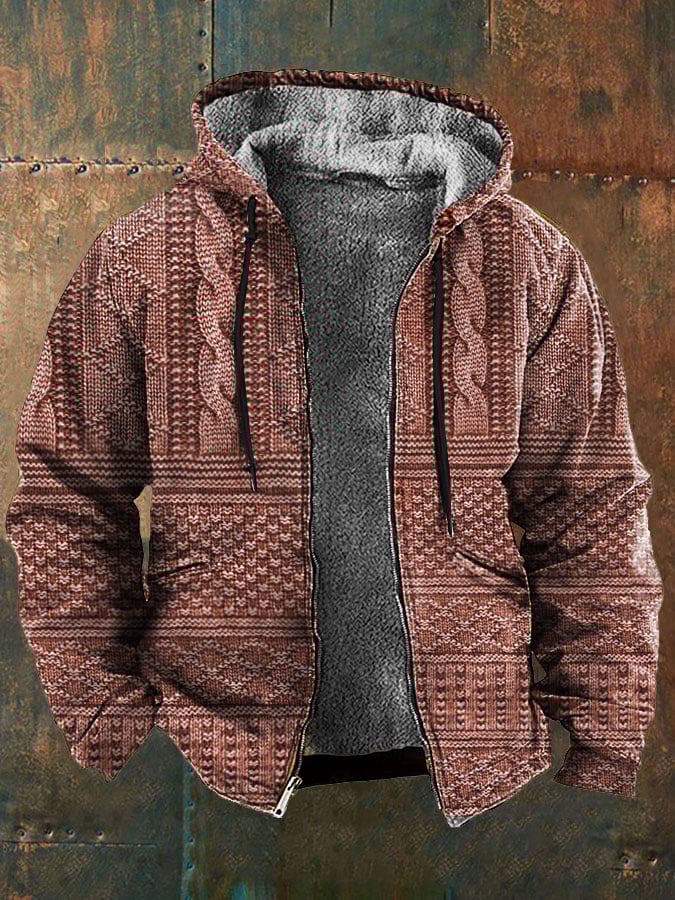 Men's Retro Western Style Knitted Printed Fleece Jacket
