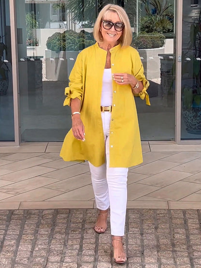 Solid Color Long Cotton Shirt Jackets Women Swing Jacket Shap Flattering Gathered Yolk At The Back