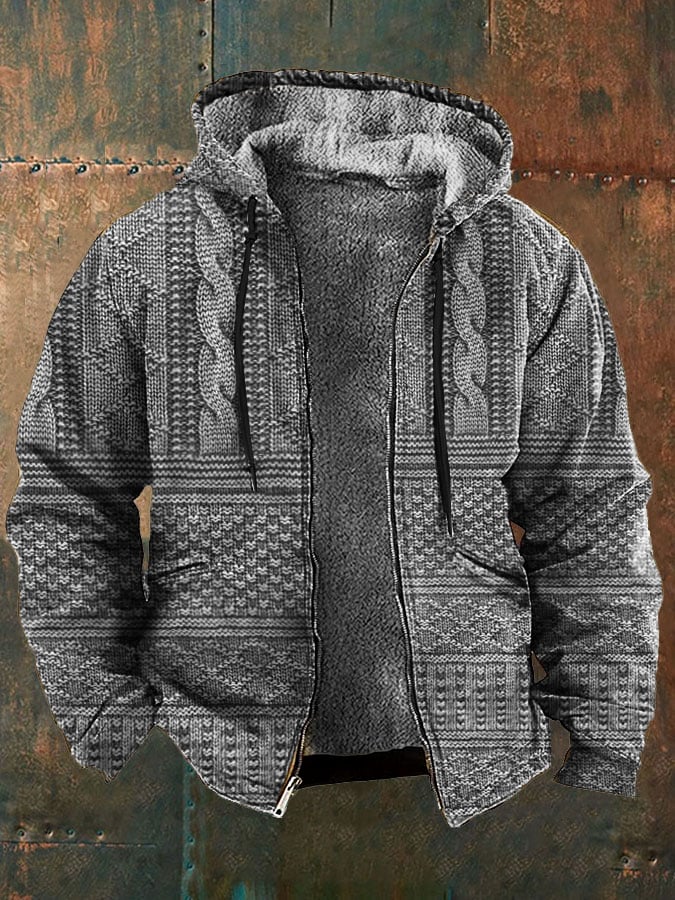 Men's Retro Western Style Knitted Printed Fleece Jacket