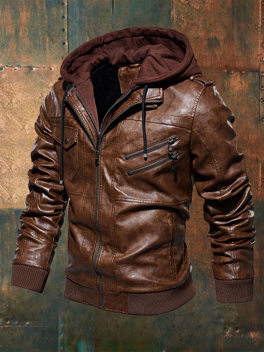 Men'S Casual Fleece Warm Pocket Leather Jacket