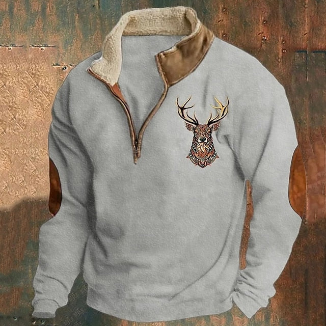 Men's Sweatshirt Quarter Zip Sweatshirt Black Navy Blue Brown Gray Half Zip Reindeer Print Christmas Daily Holiday Streetwear Casual Thin fleece Fall & Winter Clothing Apparel Hoodies Sweatshirts