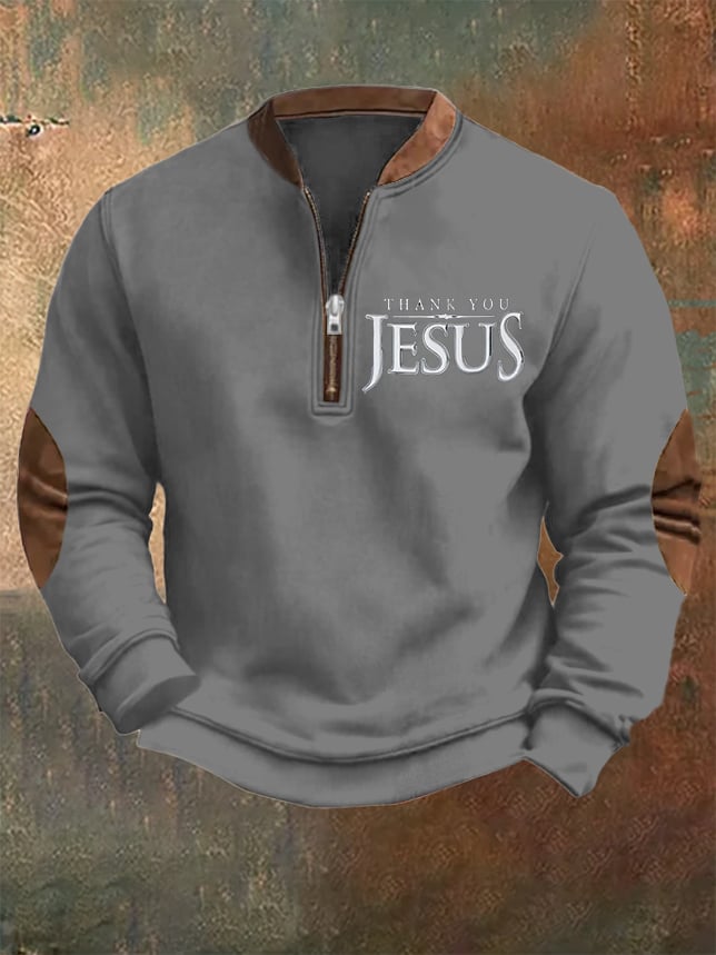 Men's Vintage Faith "Thank You Jesus" Printed Zip Collar Sweatshirt