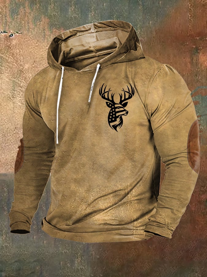 Men's Vintage Western Flag Elk Print Hoodie