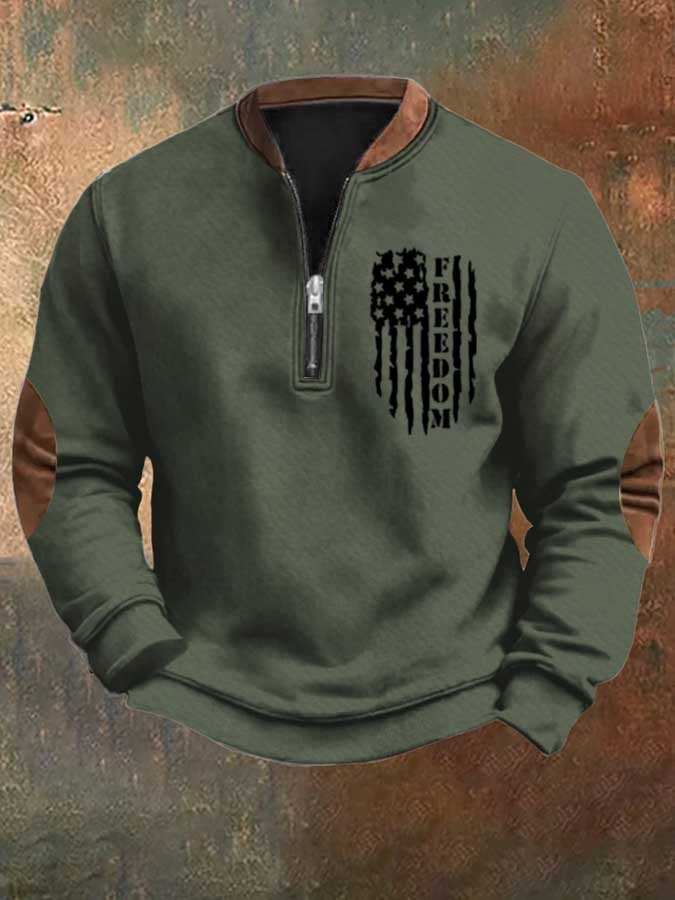 Men's Freedom Flag Vintage Print Casual Zipper Sweatshirt