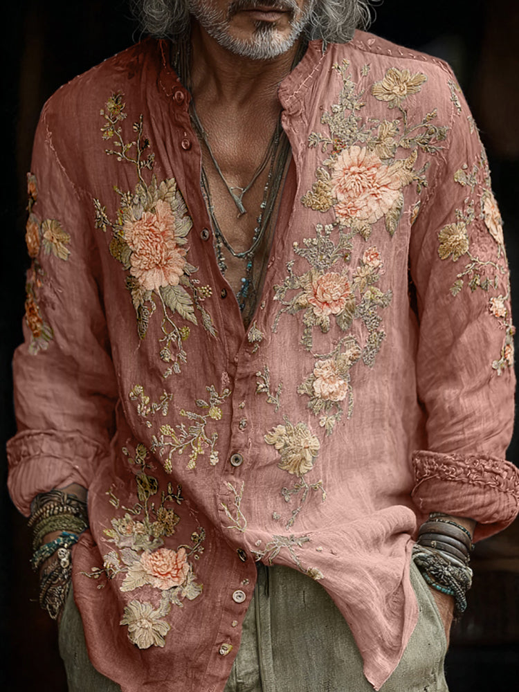 Men's Vintage Floral Embroidered Comfy Linen Shirt
