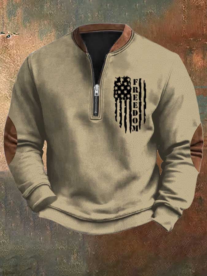 Men's Freedom Flag Vintage Print Casual Zipper Sweatshirt