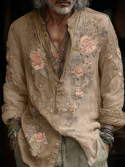 Men's Vintage Floral Embroidered Comfy Linen Shirt